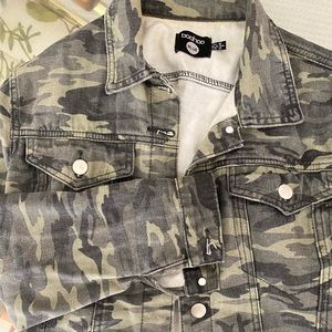 Camo boohoo denim jacket.